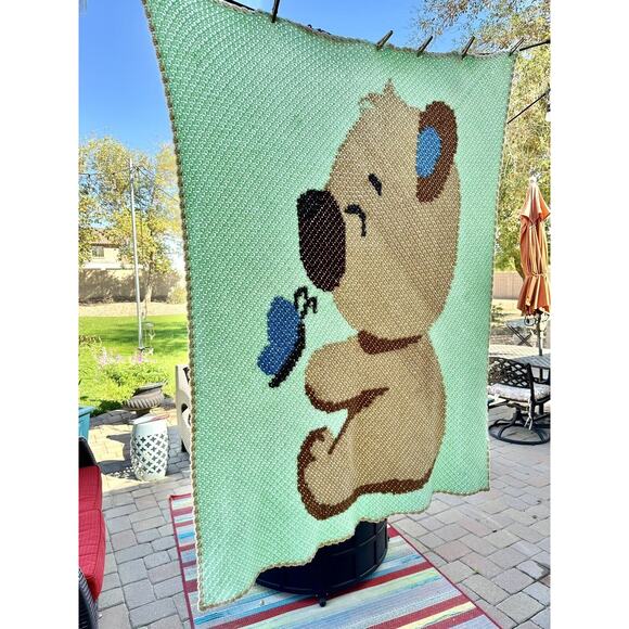 Vintage Baby Bear & Butterfly Afghan Nursery Crochet Knit Crib Blanket Handmade - Picture 1 of 4